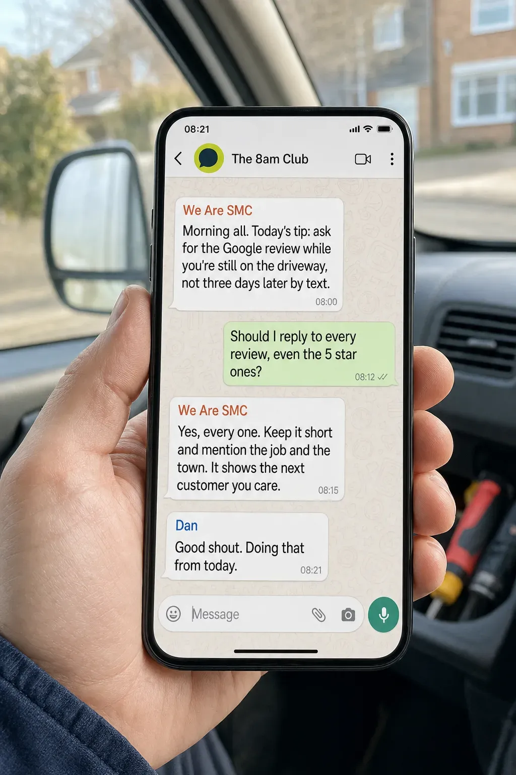 A phone showing The 8am Club WhatsApp group, where a member asks about Google reviews and the We Are SMC team replies