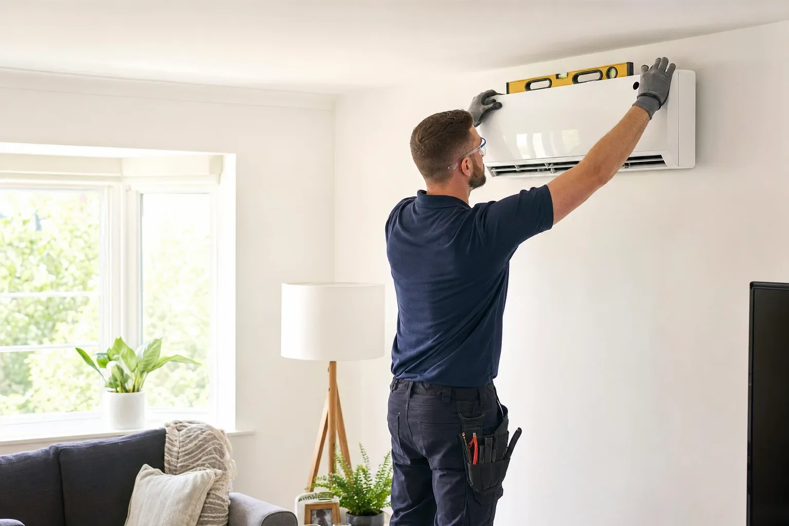 An installer levelling a new wall-mounted air conditioning unit in a bright UK living room