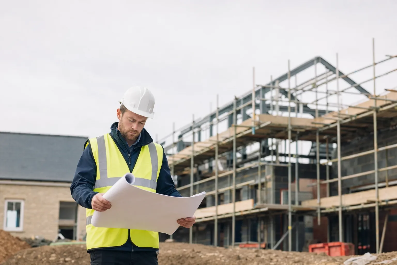 A site manager in a hard hat and hi-vis checking drawings in front of a new-build frame on a UK site