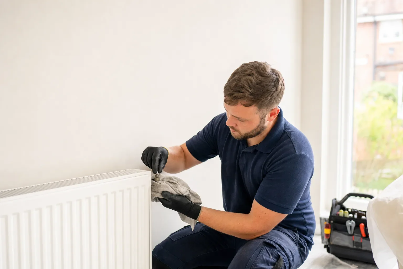 A plumber in gloves bleeding a radiator in a UK home, tool bag beside him