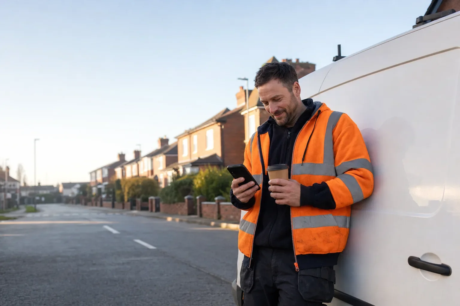 A tradesperson in hi-vis leaning on their van, checking their phone on a UK street