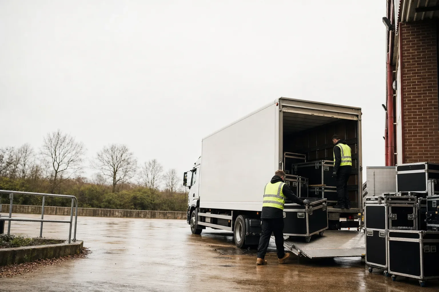 Crew loading flight cases onto a box truck tail lift at a warehouse loading dock