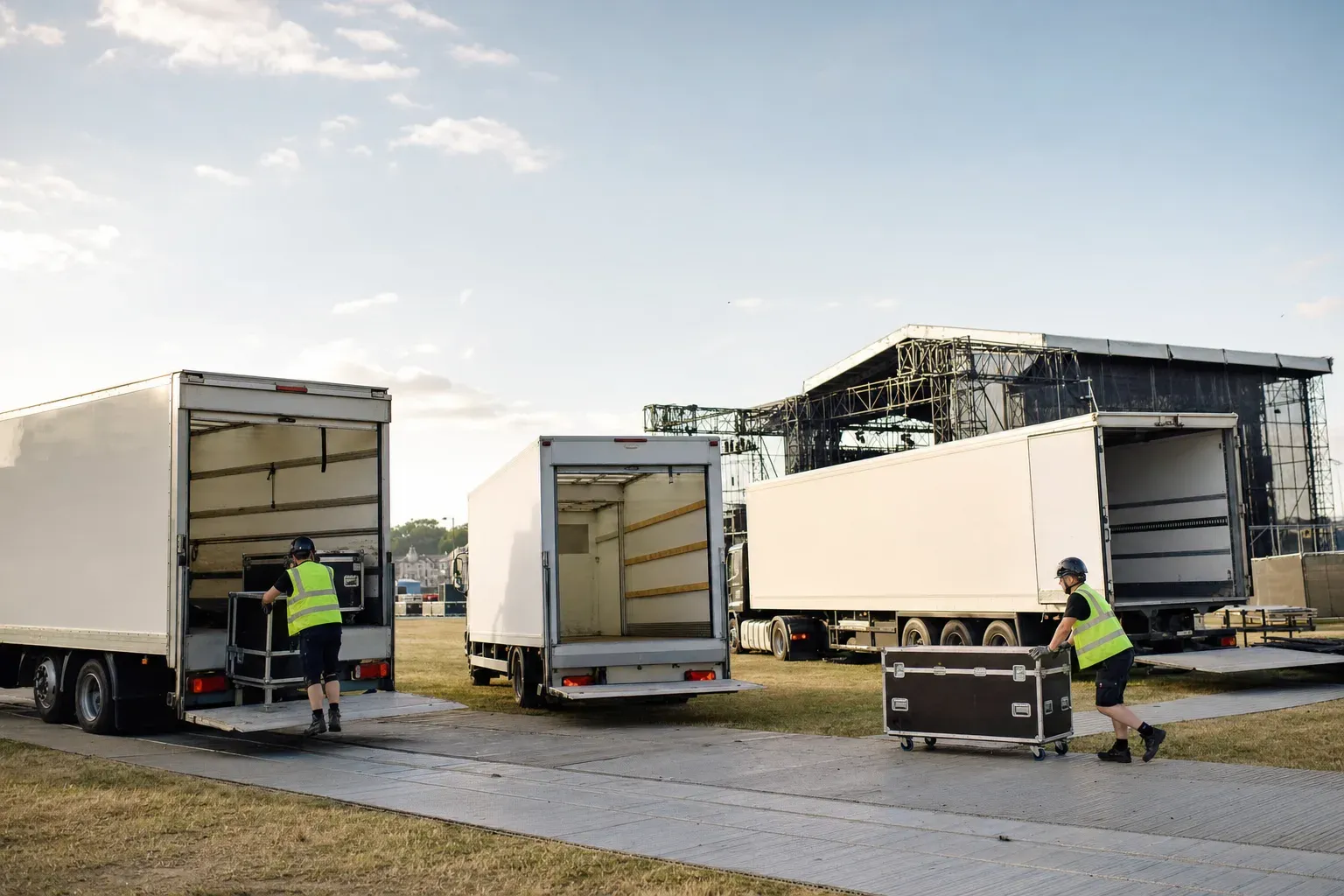 Box trucks unloading staging and AV kit in a festival backstage compound