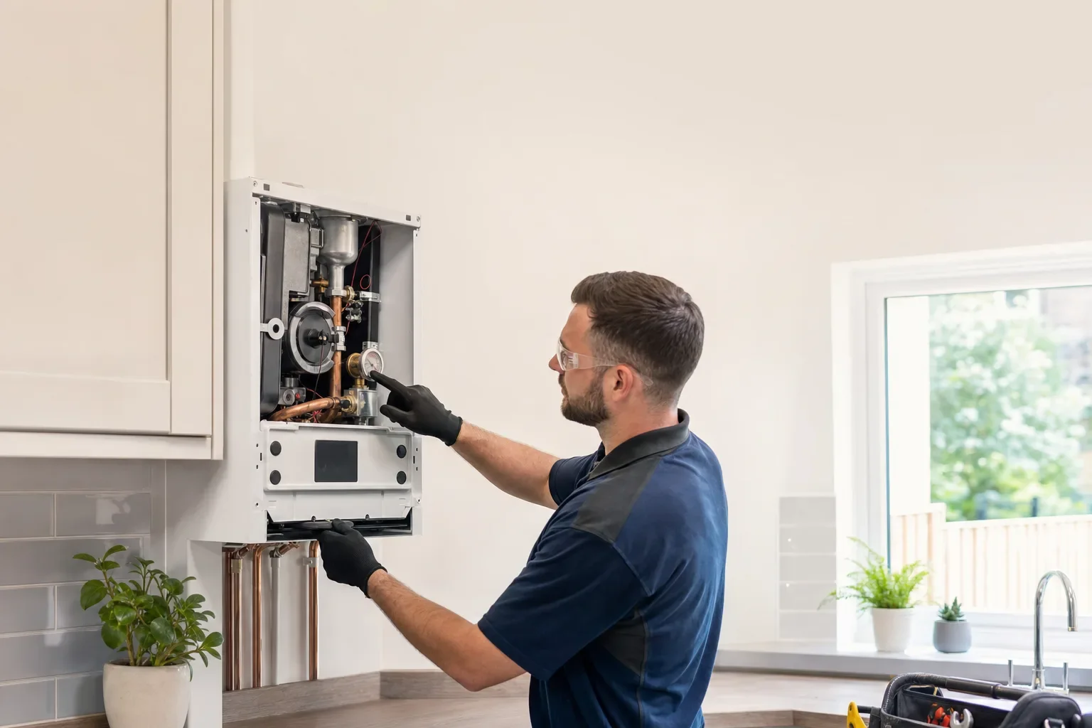A plumber in safety glasses servicing an open combi boiler in a UK kitchen