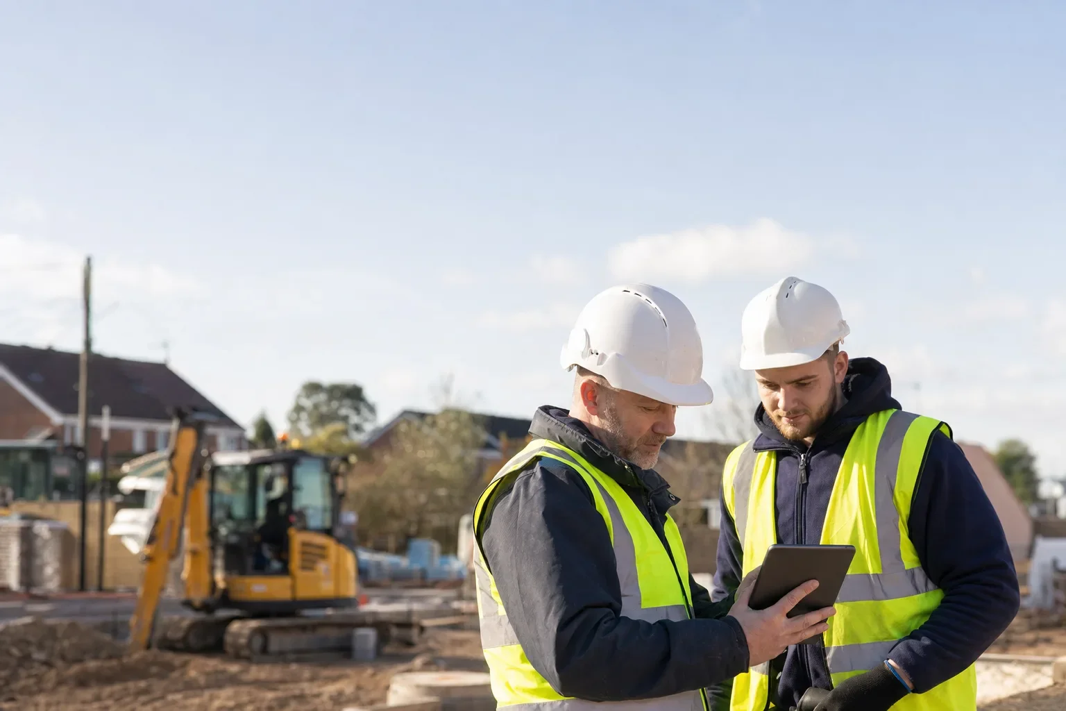 Two contractors in hard hats and hi-vis discussing plans on a tablet on a UK building site
