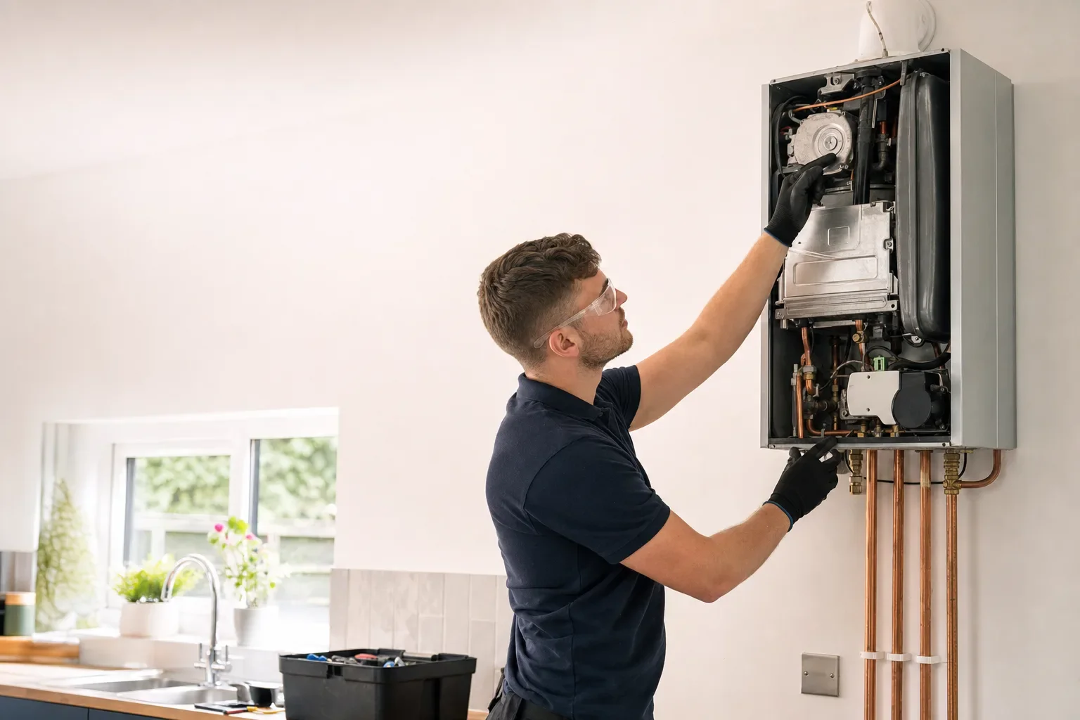 A plumber working on an open combi boiler above copper pipework in a UK kitchen