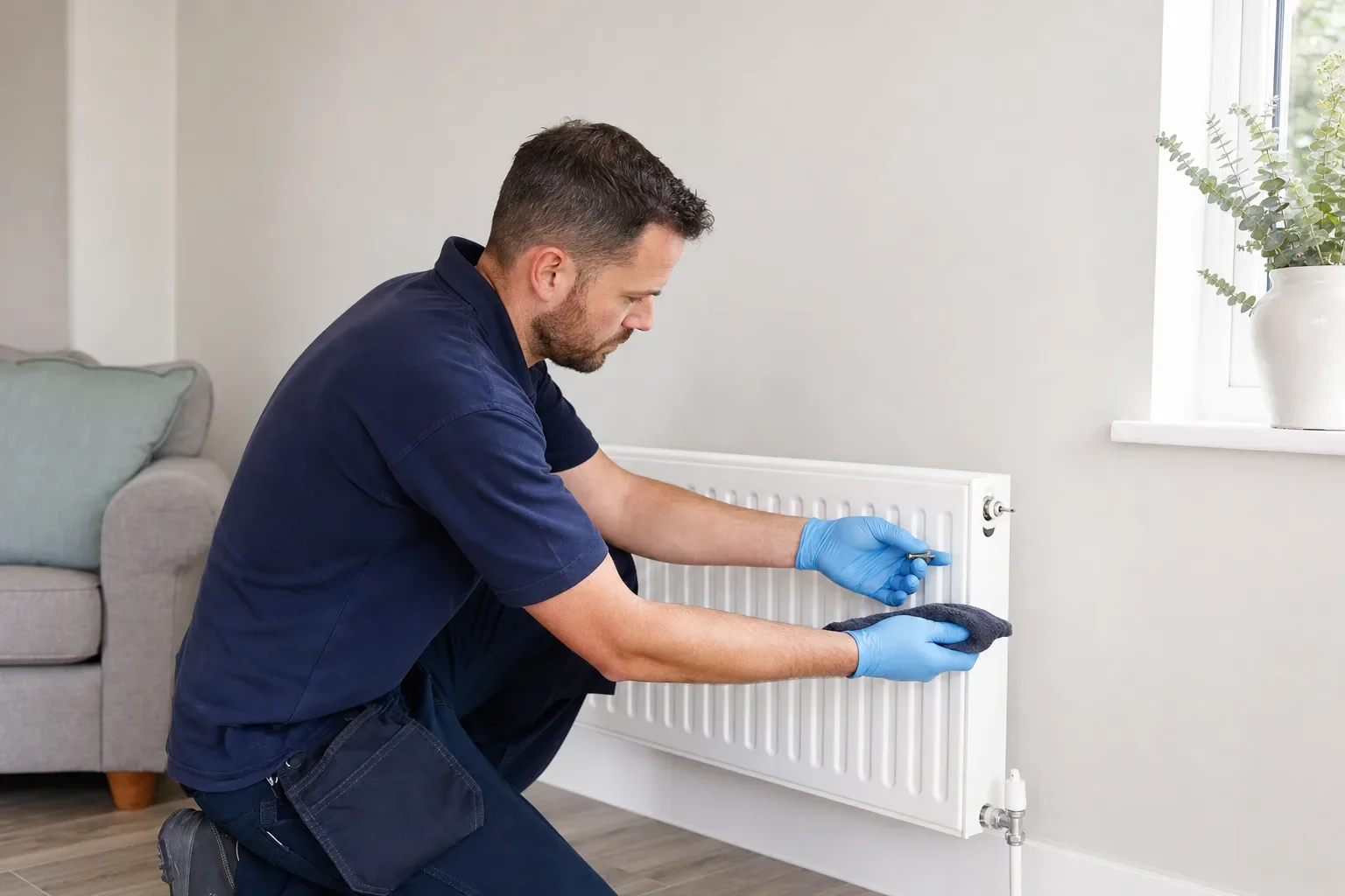 A plumber in blue gloves adjusting a radiator valve in a UK living room