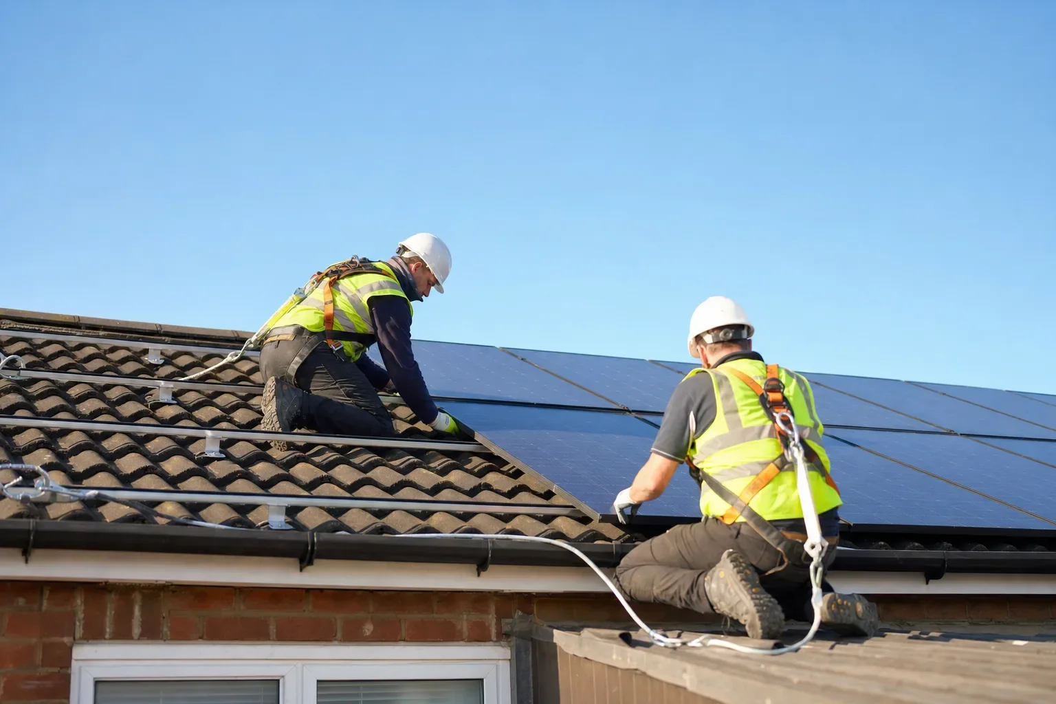 Two installers in harnesses and hard hats fitting solar panels on a UK house roof
