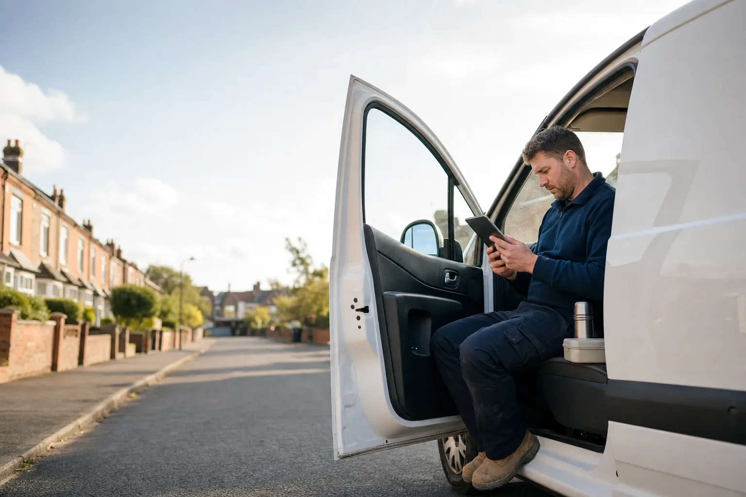 A tradesperson reading on a tablet in their van on a lunch break