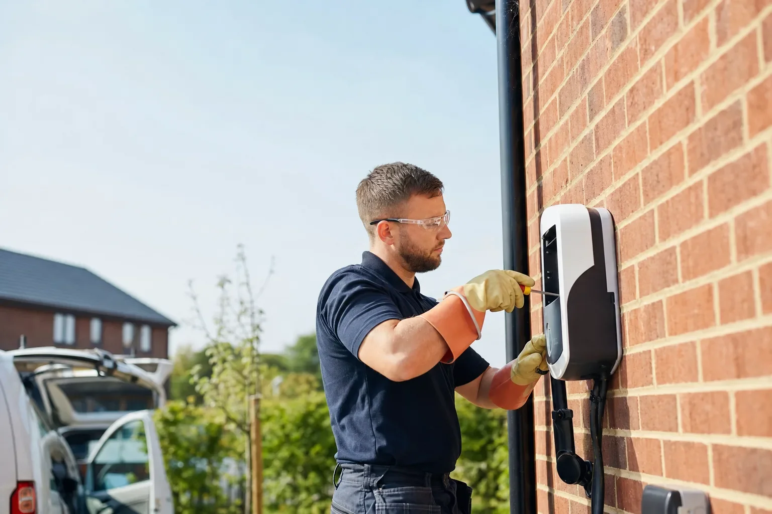 An electrician installing an EV charger on the brick wall of a UK house, with the street behind