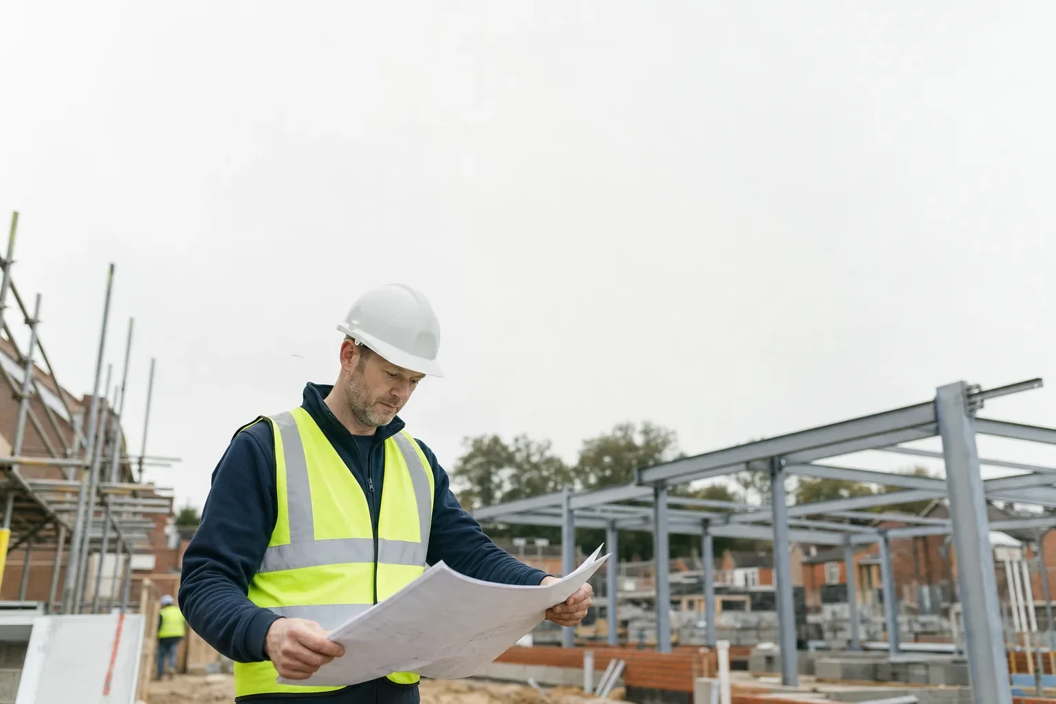 A site manager in a hard hat and hi-vis reviewing drawings among steel frames on a UK site