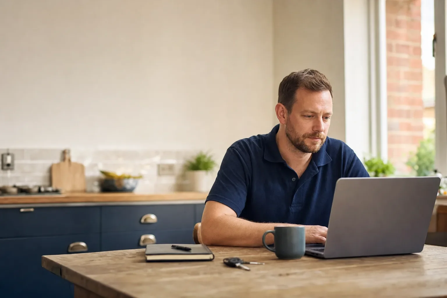A trades business owner working through costs on a laptop at the kitchen table
