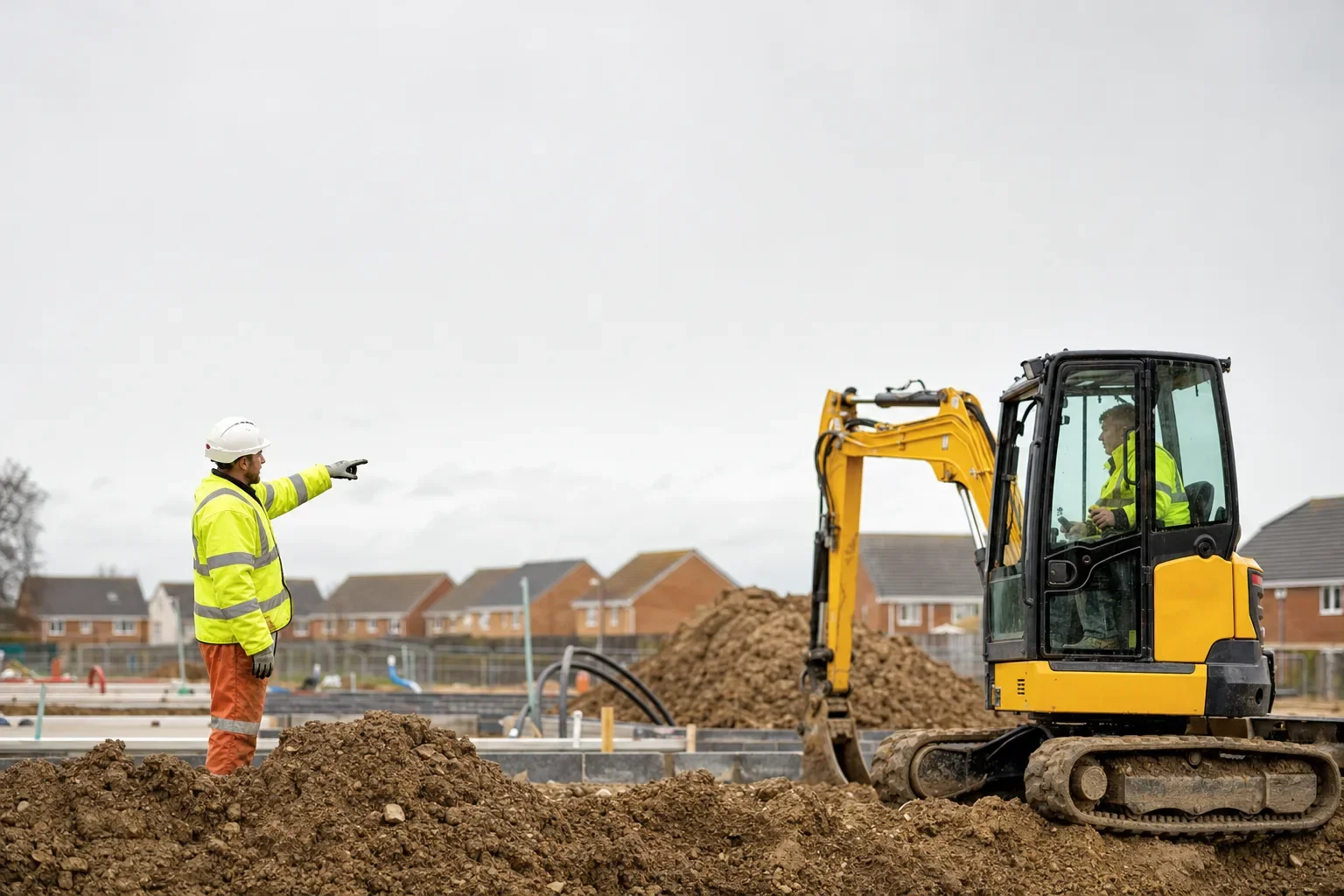 Groundworks with a digger on a new UK housing development