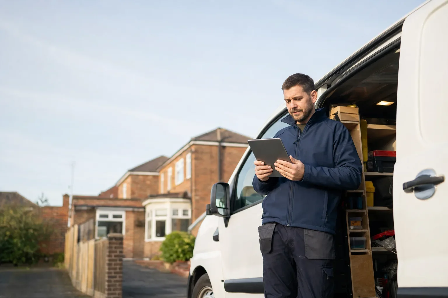 A tradesperson checking a job on a tablet beside their van