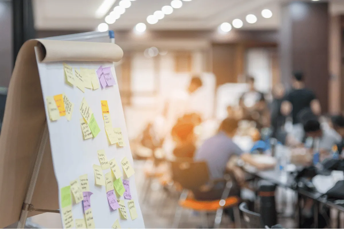 Marketing plan mapped out on a board in a working session
