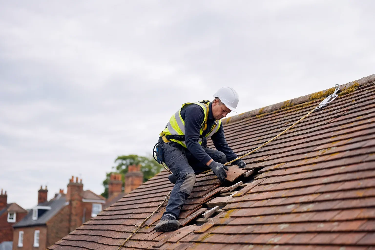 A roofer in a harness, hard hat and hi-vis replacing tiles on a UK pitched roof