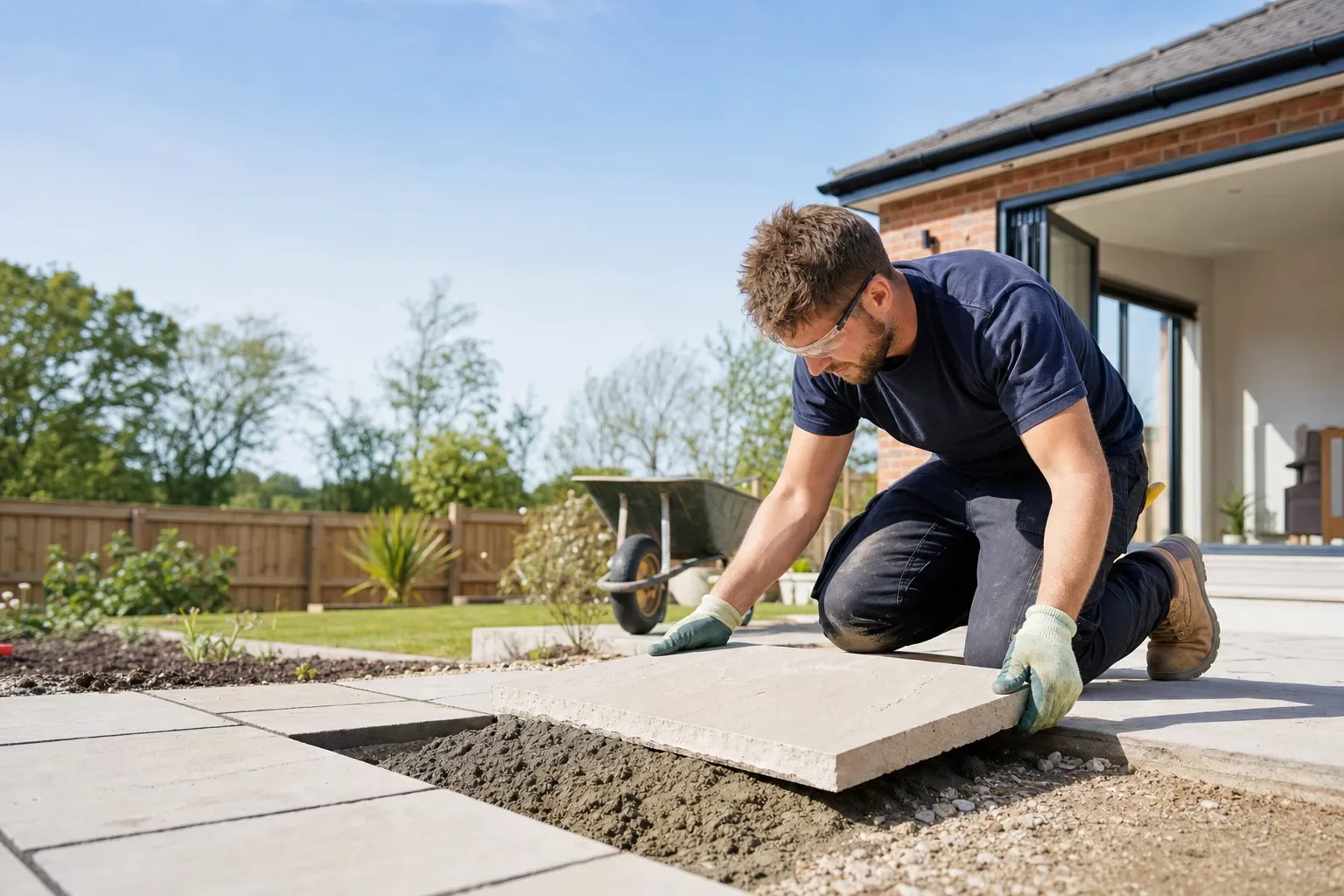 A landscaper laying a stone paving slab on a new patio in a UK back garden