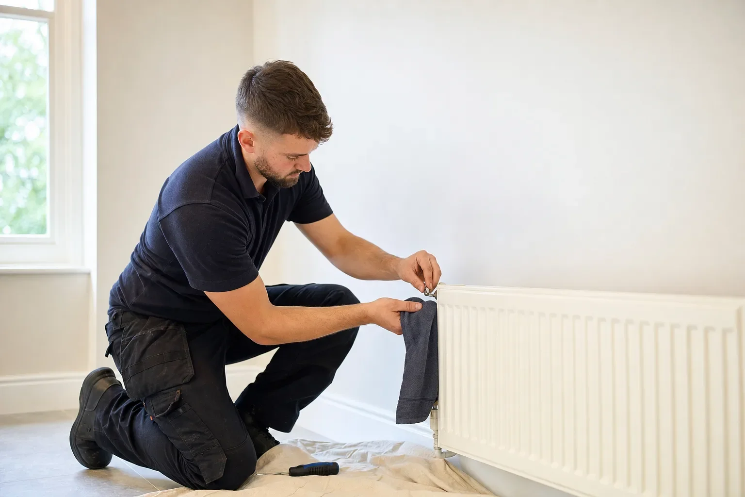 A plumber kneeling on a dust sheet to work on a radiator in a customer's home