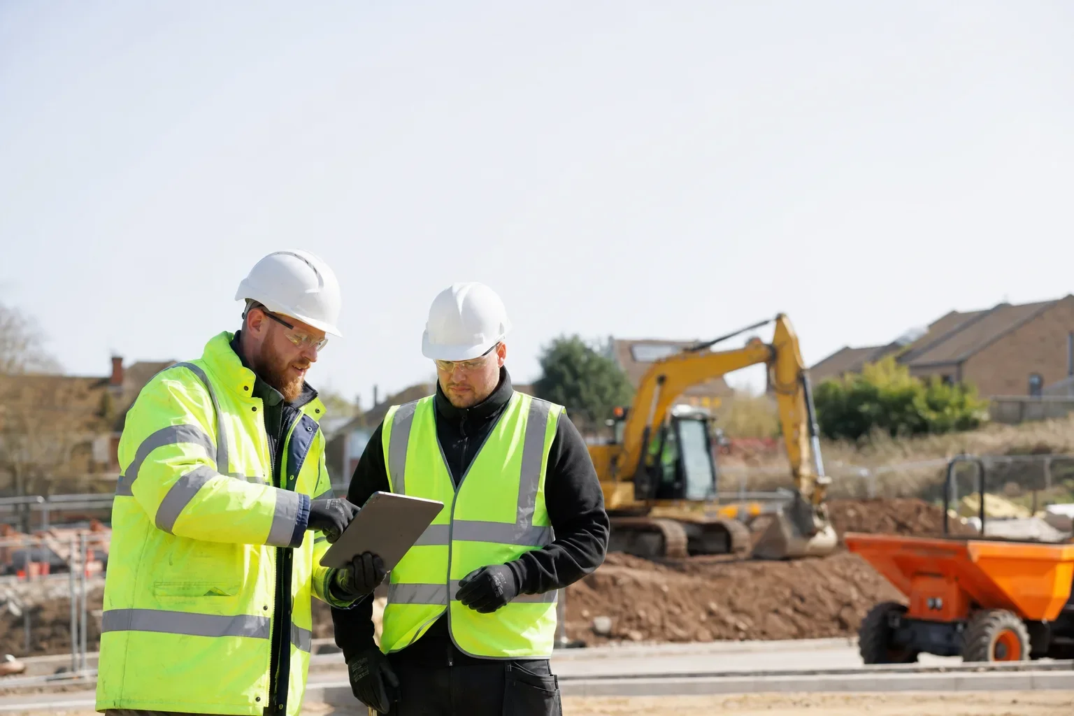 Two contractors in hi-vis reviewing a tablet on a UK groundworks site with a digger behind