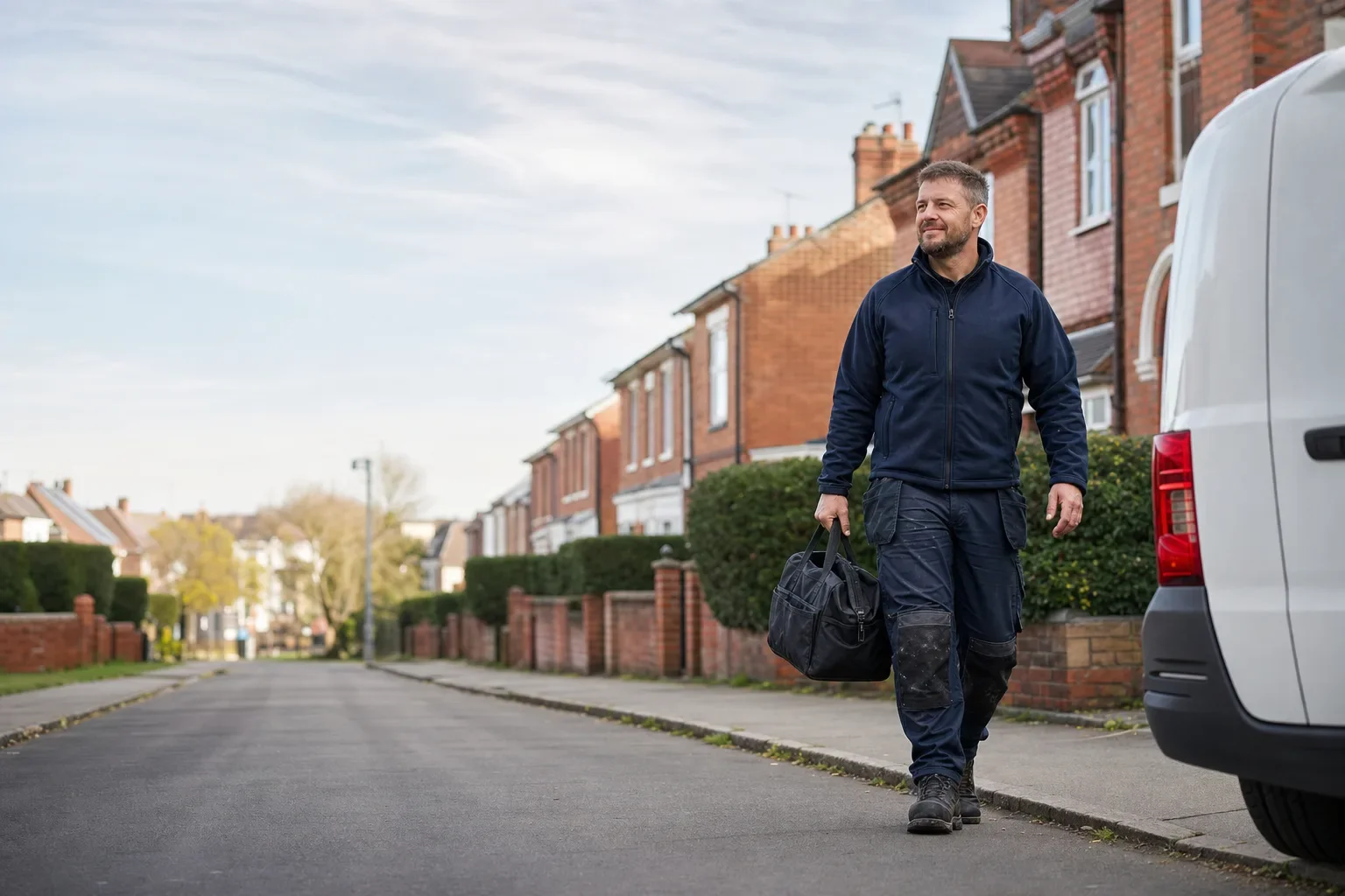 A tradesperson carrying a tool bag along a UK residential street