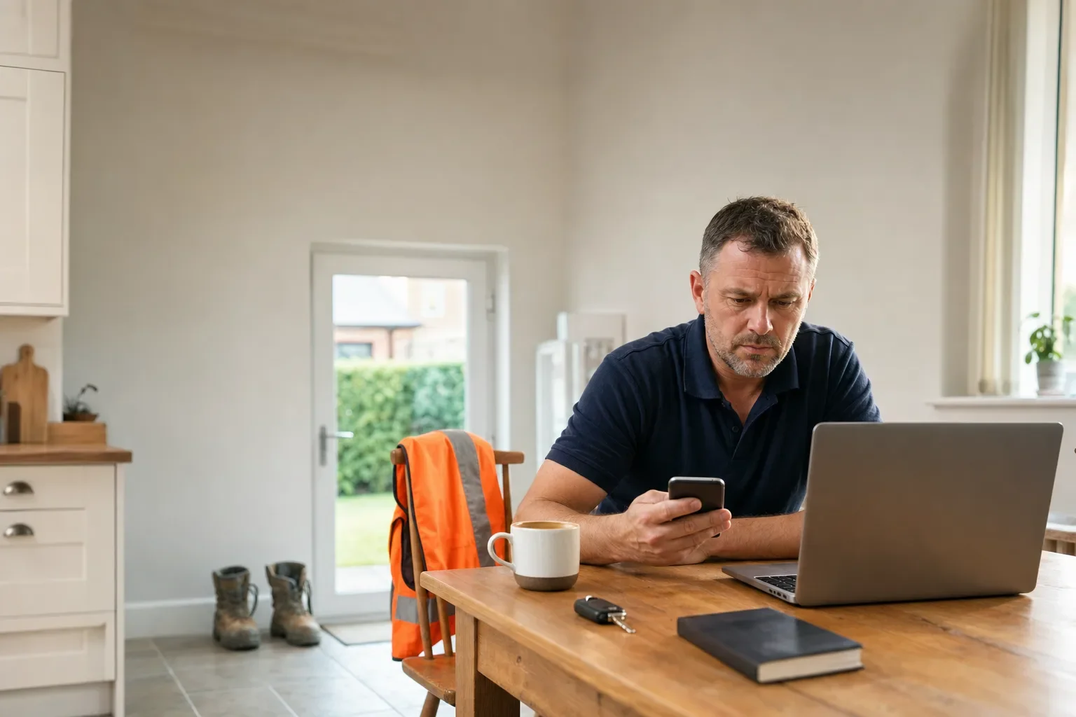 A trades business owner at a kitchen table checking a quiet phone beside an open laptop, with a hi-vis vest over the chair and work boots by the back door