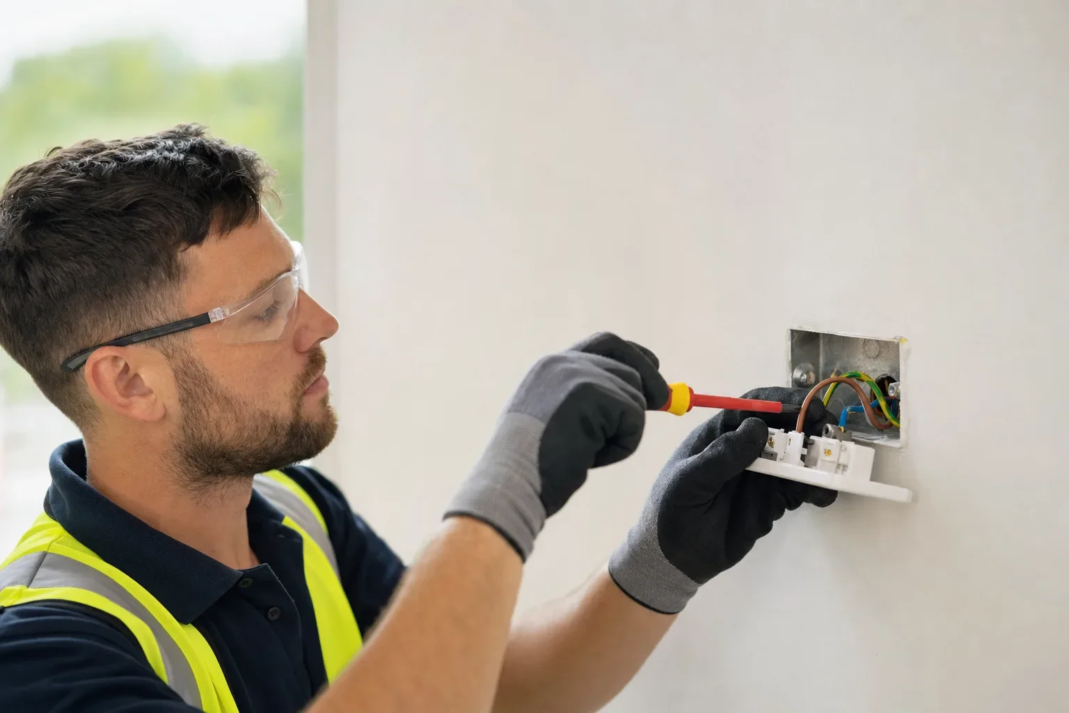 An electrician in gloves and safety glasses wiring a wall socket