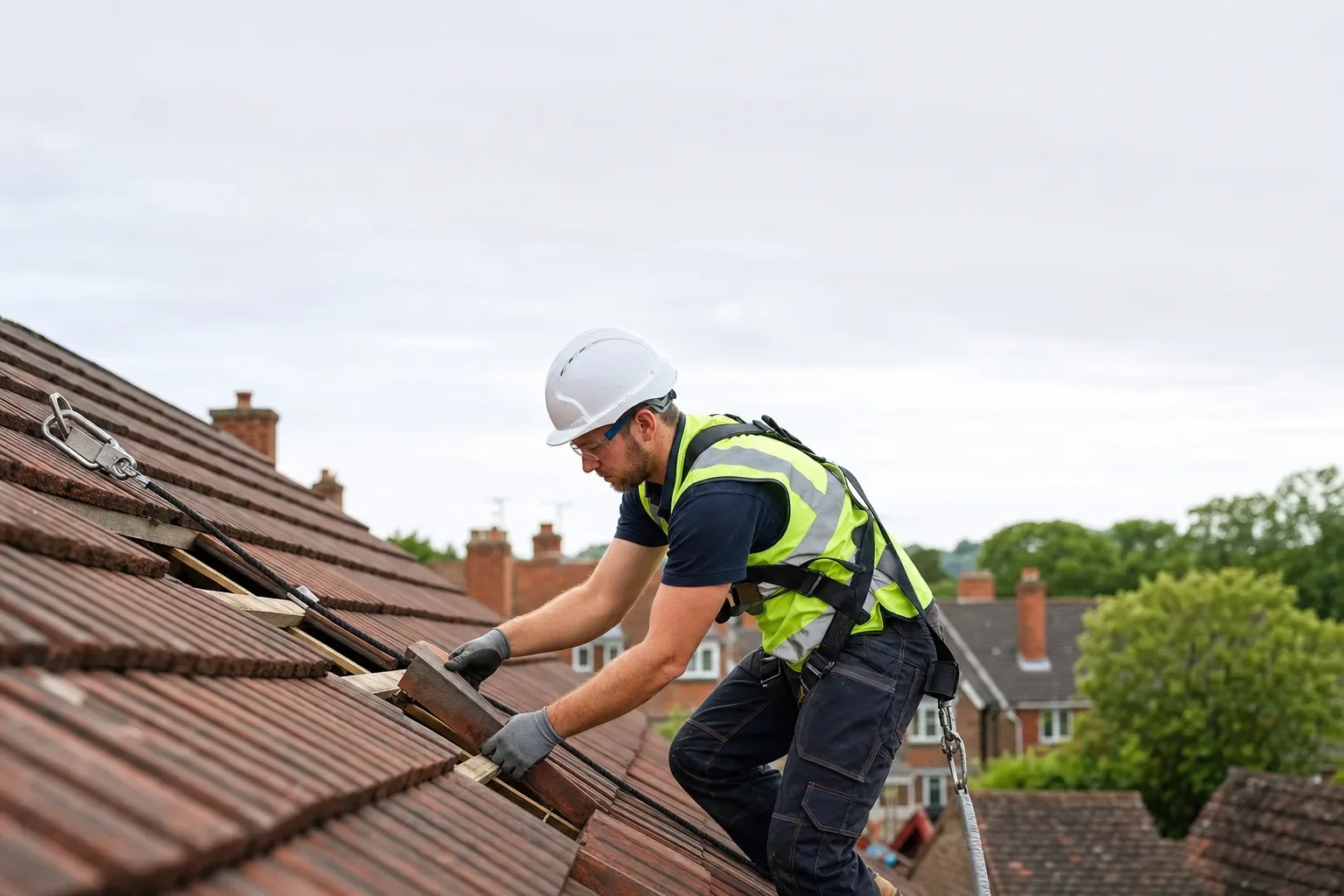 A roofer in a harness and hard hat replacing tiles on a UK roof, with rooftops behind